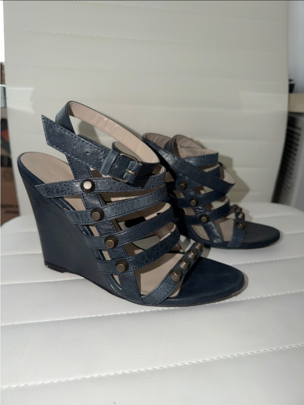 Balenciaga Gray Strappy Studded Wedge Sandals